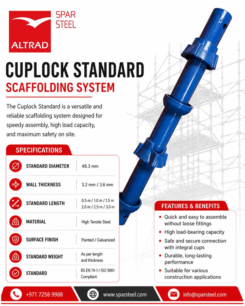 SteelSpar's tweet photo. Our Cuplock Standard Scaffolding System delivers the perfect combination of safety, durability, and fast assembly for modern construction projects. Built with high-tensile steel and precision engineering
🌐 https://t.co/2K8PwRBx2w
#AltradSpar #CuplockSystem #ScaffoldingCuplock https://t.co/lOGoEYWpVq