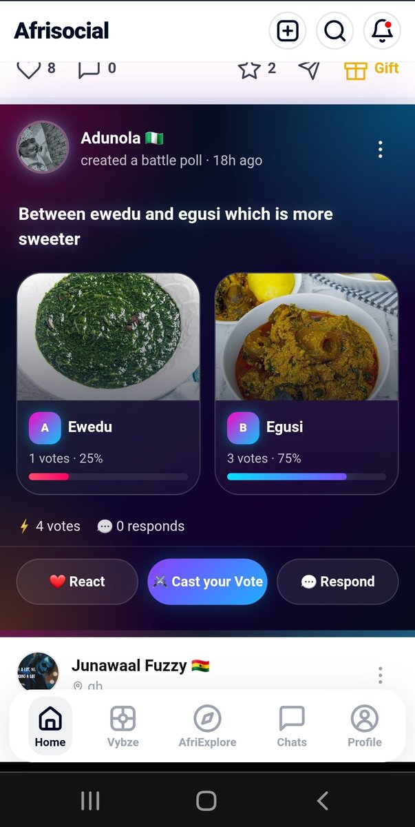 AfrisocialTech's tweet photo. Battle polls Afrisocial signature feature no platform has ever built, we're turning polls into something engaging, interactive, interesting, have an question or idea your confused about 🤔? go to Afrisocial and create your own Battle Poll today and watch people vote https://t.co/DnQCe6cPo2