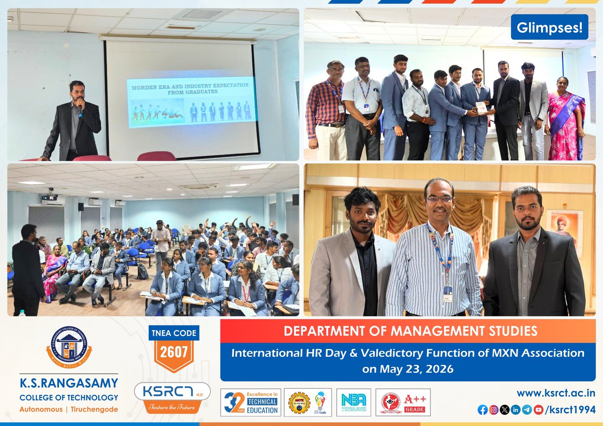 ksrct1994's tweet photo. Glimpses!
International HR Day & Industry Expert Lecture Series on the topic “Modern Era and Industry Expectations from Graduates” on May 23, 2026.
#ksrct1994 #ksr #ksrei #DepartmentOfManagementStudies #InternationalHRDay #HRDay2026 #IndustryExpertLecture #DigitalTransformation https://t.co/UdnfZhf75A