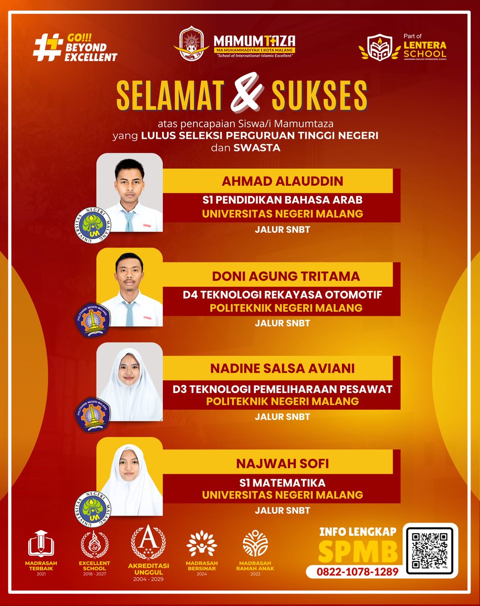 MAMuhammadiyah's tweet photo. Selamat dan sukses

Siswa-siswi lulusan MA Muhammadiyah 1 Kota Malang yang telah diterima di Universitas Negeri dan Swasta. 

#mamuhammadiyah1mlg #mamumtazamalang #gobeyondexcellent #universitas #snbt https://t.co/h2PiNDn2nm