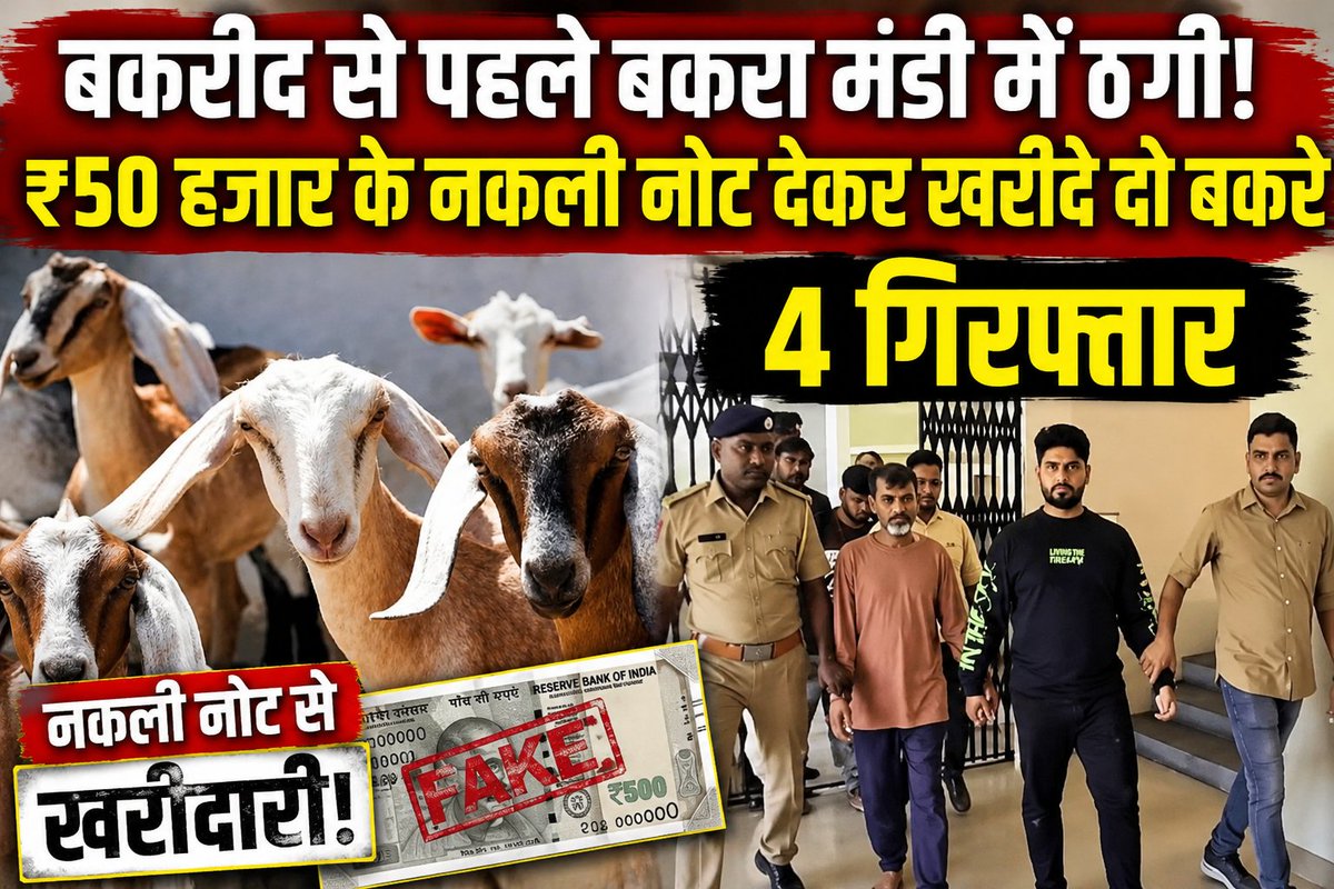 INDNewsHapur's tweet photo. 🚨 बकरीद से पहले बकरा मंडी में बड़ा फर्जीवाड़ा!
₹50 हजार के नकली नोट देकर खरीदे गए दो बकरे, पुलिस ने 4 आरोपियों को किया गिरफ्तार। 🐐💸

पूरा मामला जानिए सिर्फ Official IND News पर।
#BreakingNews #Bakrid #SuratNews #FakeNote #INDNews https://t.co/qVx09vtEFB
