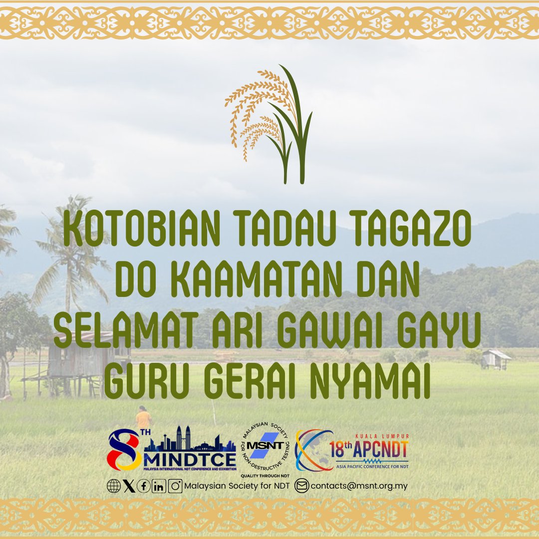 MalSocForNDT's tweet photo. Kotobian Tadau Tagazo Do Kaamatan &amp; Selamat Ari Gawai Gayu Guru Gerai Nyamai! 🌾

Wishing our NDT family in Sabah &amp; Sarawak a joyous and bountiful harvest festival. May our bonds continue to grow stronger!

#MSNT #Kaamatan #Gawai #NDTCommunity https://t.co/lKjBv3NHgI