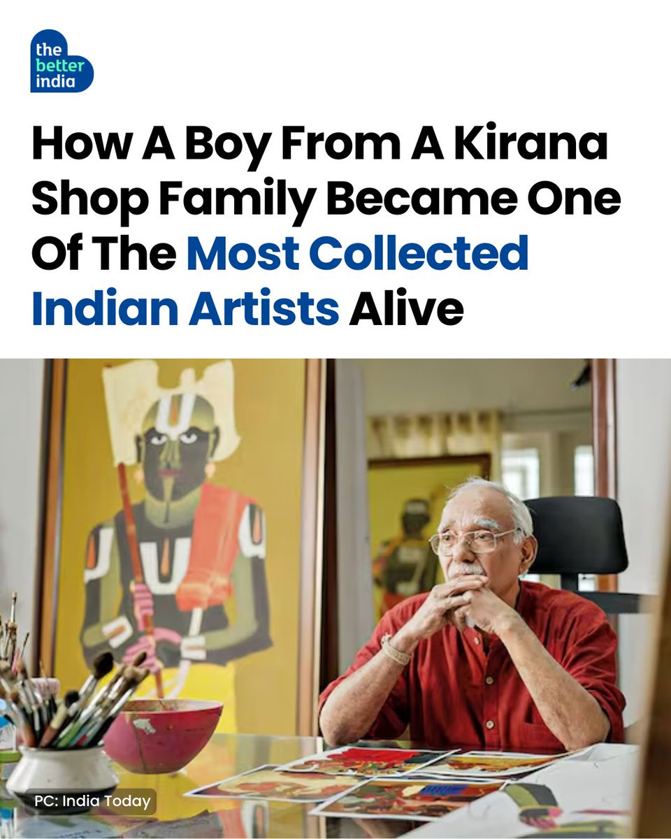 thebetterindia's tweet photo. Most people chase the world by leaving where they come from.
Thota Vaikuntam did the opposite.

Born in a small Telangana village, raised in a kirana shop family, he turned the colours, women, rituals and everyday life of rural India into some of the country’s most recognisable artworks. 

Today, his art hangs in galleries, museums, and even airports!

Scroll down to see how a village boy made India look at its own roots differently. 

#ThotaVaikuntam #IndianArt #TelanganaArt

[Indian Art, Telangana, Contemporary Art, Thota Vaikuntam]