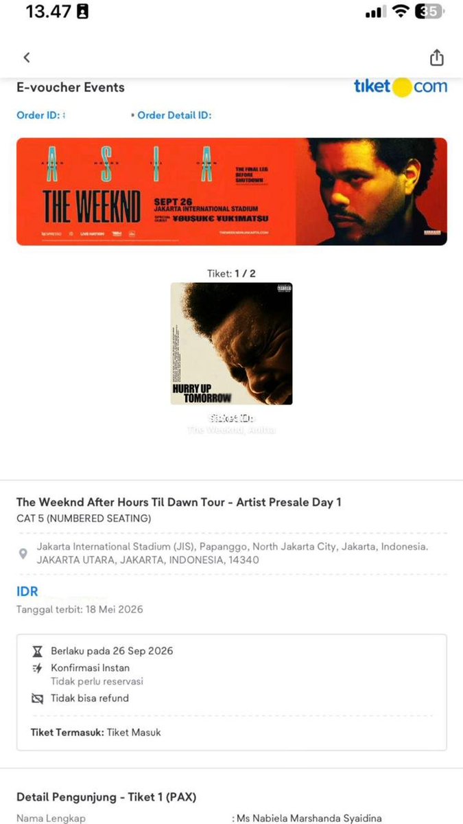 pepeismamichulo's tweet photo. WTS TIKET THE WEEKND 2 Tiket cat 5, ini serius yeahhh.. DM aja for prize yg mau mau aja yeahhh https://t.co/BZu52oaO29