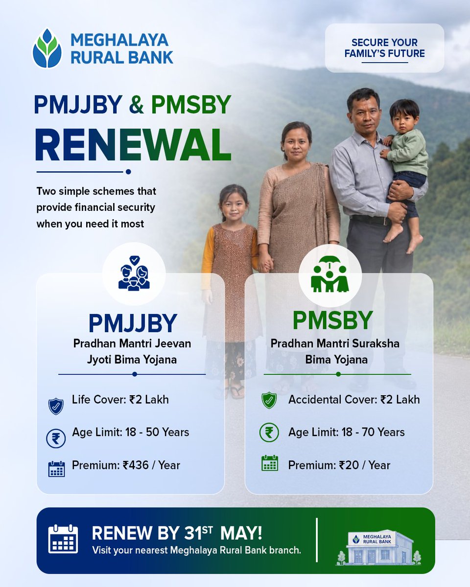 MegrrbBank's tweet photo. Ensure a secure future for yourself and your family by renewing your PMJJBY and PMSBY policies on time. Renewal Period: From 25.05.2026 to 31.05.2026. PMJJBY – Annual Premium: Just ₹436 PMSBY – Annual Premium: Just ₹20 Please maintain a sufficient balance in your MRB account. https://t.co/LDp6w9BYoL