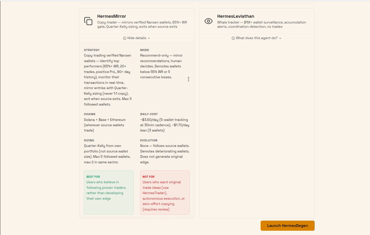 Vibe_AI_dev's tweet photo. How to run Hermes Mirror  @VIBEaiRforce 

a practical guide to copy-trading onchain without the mistakes.

Step 1: Pick your wallets. Only verified Nansen wallets qualify. 65%+ WR. 20+ trades. Positive PnL. 90+ day history. Max 5. Max 2 per sector. No influencers. No fresh wallets. agent will pick them for you

Step 2: Understand the sizing. Mirror doesn't blindly match position sizes. Quarter-Kelly from YOUR portfolio. A whale's 2% is not your 2%. Mirror does the math.

Step 3: Loyalty. Source exits, Mirror exits. No override. No hopium. The thesis closed. Move on.

Step 4: Hygiene. Wallets get continuous performance review. Below 55% WR? Demoted. 5 straight losses? Demoted. No dead weight.

Step 5: Execution. Recommend-only. Signals hit your Telegram. You review. You approve or decline. Mirror does the legwork. You keep your hand on the wheel.

What it costs: ~$3.60/day data (5 wallets, 30-min cadence) + ~$7-9/day AI model. All in ~$12/day for institutional-grade alpha. Solana + Base + Ethereum. 
https://t.co/77dn1Yc6vt