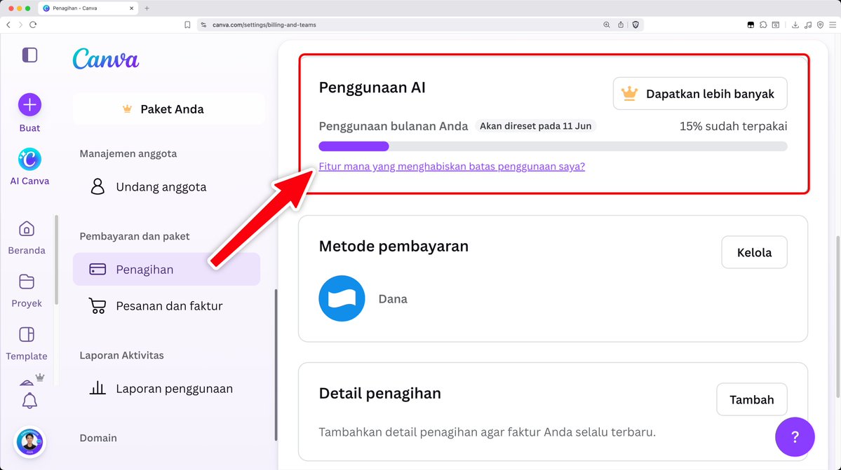 hasyaapp's tweet photo. oiya klo mau cek sisa kuota ai kita, tinggal meluncur ke menu settings > billing > ai usage ya.

fyi aja karena fitur canva ai 2.0 ini masih rolling out bertahap, jadi kalo di akun kita blm muncul semua, ditunggu aja ya, beneran worth it banget https://t.co/9SeijfSBfl