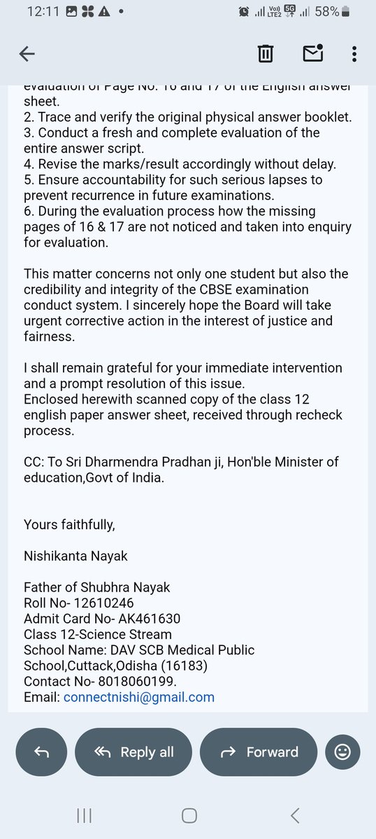 ConnectNishi's tweet photo. Found missing of Answer paper Page no 16 &amp;17, not evaluated in English Subject,CBSE 12 Std annual exam of my daughter. Detail mailed to Chairman CBSE and Hon'ble Dharmendra Pradhan ji, Minister of edu.GOI. for kind intervein @dpradhanbjp  @CMO_Odisha @cbseindia29 @Rahulsingh_IAS https://t.co/7ONO0iQnOt