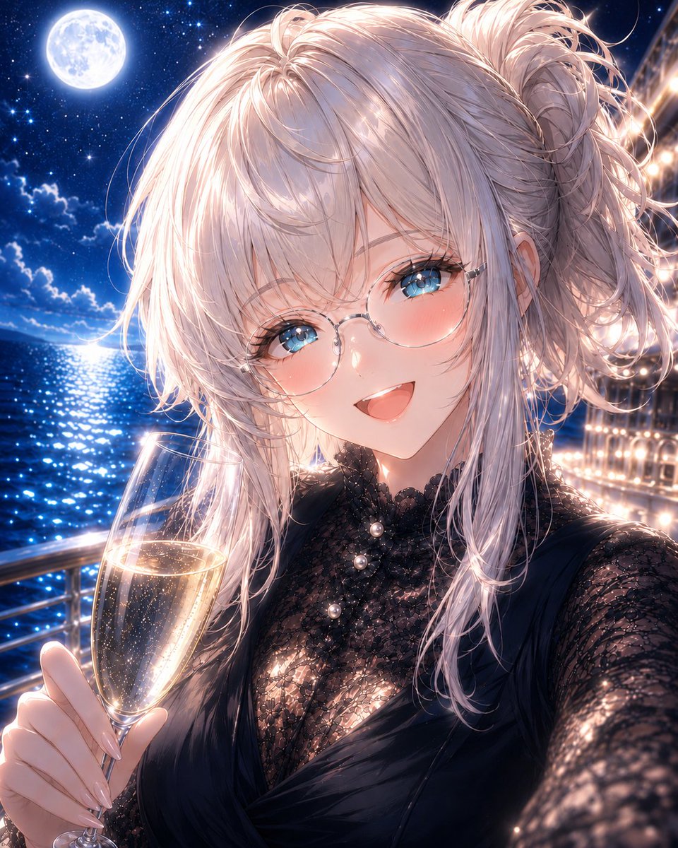 P25Va's tweet photo. 夜のクルージングデッキ。

月明かりに照らされた海を眺めながら、
エイブとシャンパンで乾杯。
「ふふふ、すごくおいしい」

潮風に揺れる髪と、
嬉しそうに笑うエイブに見惚れてしまった。

……奮発した甲斐があったよ。

#NIKKE #ニケ #AIイラスト https://t.co/3WP4CHljfM