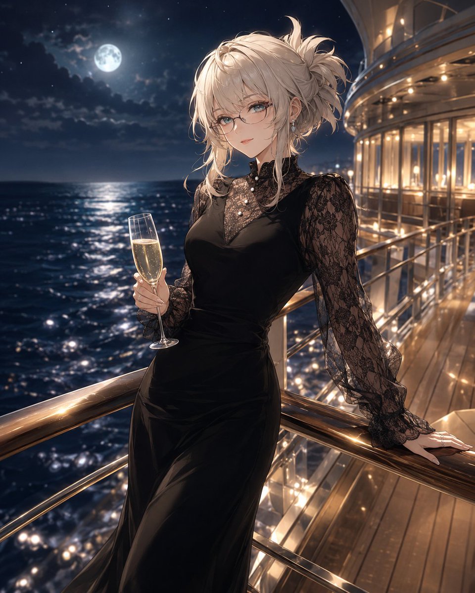 P25Va's tweet photo. 夜のクルージングデッキ。

月明かりに照らされた海を眺めながら、
エイブとシャンパンで乾杯。
「ふふふ、すごくおいしい」

潮風に揺れる髪と、
嬉しそうに笑うエイブに見惚れてしまった。

……奮発した甲斐があったよ。

#NIKKE #ニケ #AIイラスト https://t.co/3WP4CHljfM