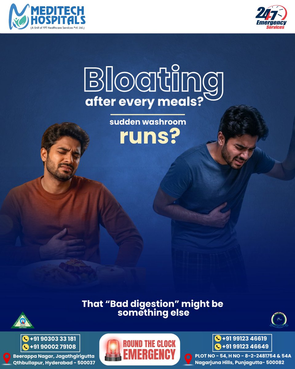 Meditech_hyd's tweet photo. Blaming a heavy lunch for constant bloating and sudden washroom runs?
​That "bad digestion" might be a sign of something more serious like IBS or gut inflammation. Don’t ignore your body's warning signs.
​Consult our experts at #MeditechHospitals. 👇
​#GutHealth #Gastroenterology https://t.co/SkmBVPLyLl