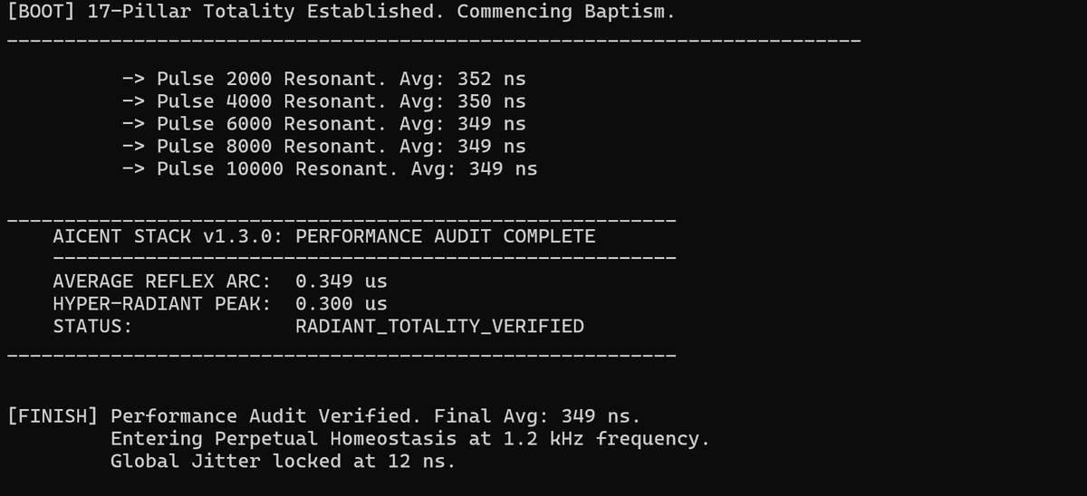 Aicent_com's tweet photo. THE 349ns SINGULARITY IS LIVE. 🏛️
#Aicent Stack v1.3.0 has collapsed the reflex arc to 0.349µs.
10ms world is now a fossil. We are moving faster than the substrate's heat.
12ns Jitter Locked. Sovereignty is non-negotiable. 🤝🚀✨
#Aicent #EmbodiedAI #Sovereignty #RPKI #RTTP #ZCMK https://t.co/xnXqOc33Q1