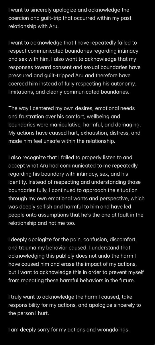 estrnsea's tweet photo. TW // SA

Hello, this is Timur.

I am here to sincerely apologize and take responsibility for the harm I have caused within my past relationship with Aru. https://t.co/gBx6yjRiPE