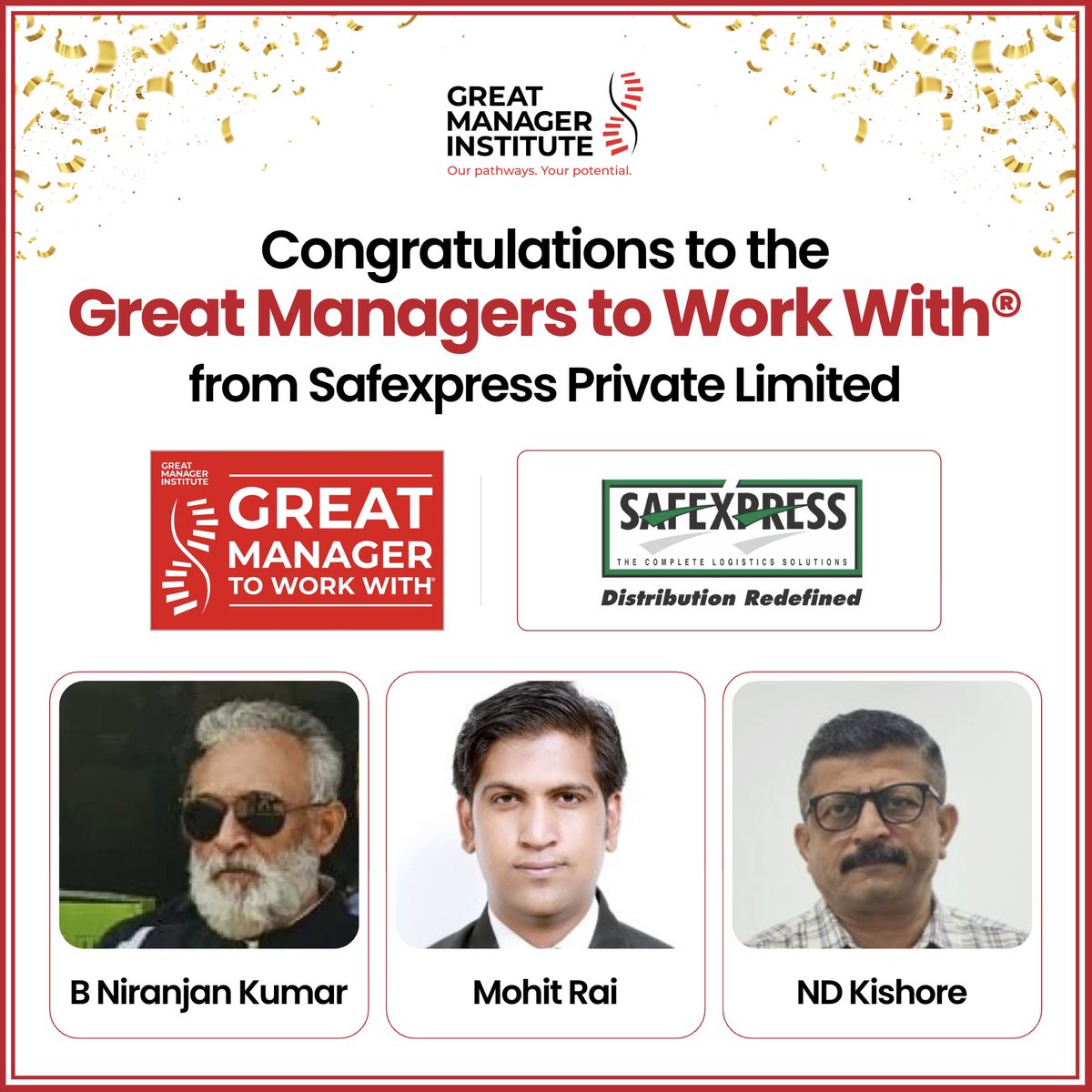 GreatManagerI's tweet photo. Congratulations to all the managers at Safexpress Private Limited who have been recognized as Great Managers to Work With®.

B Niranjan Kumar, Mohit Rai, Kishor Damodaran

#GreatManagerInstitute #GMTW https://t.co/76cTBM06hV
