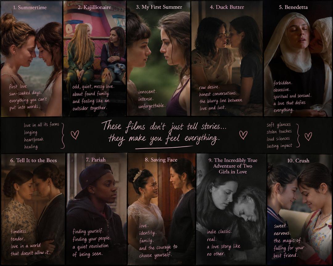 bellfera's tweet photo. Here are 10 sapphic movies that made me fall deeper in love with cinema and the way these stories explore love, obsession, vulnerability, desire, heartbreak, and emotional intensity in such a raw and personal way:

1. Summertime
2. Kajillionaire
3. My First Summer
4. Duck Butter
5. Benedetta
6. Tell It to the Bees
7. Pariah
8. Saving Face
9. The Incredibly True Adventure of Two Girls in Love
10. Crush

Some of these stories don’t just entertain you they stay with you, making you feel every glance, every silence, every moment of intimacy in a way that feels deeply human.
