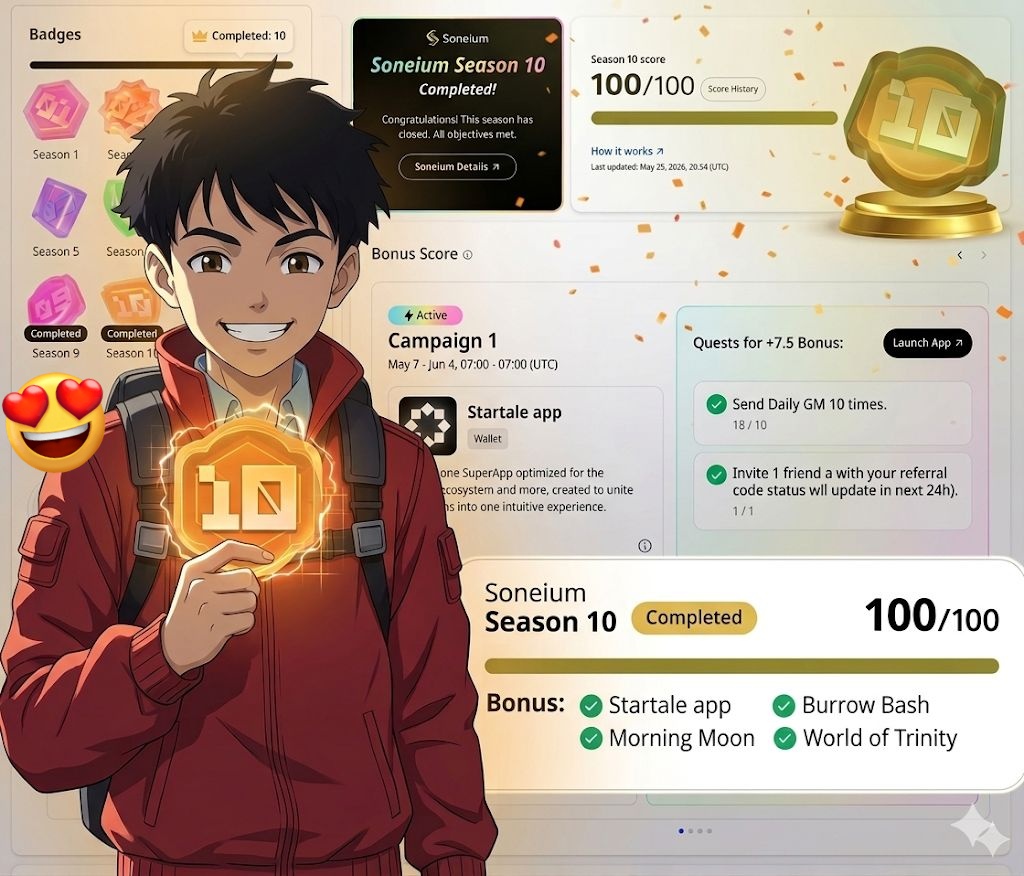 Ajaykum9990's tweet photo. 💿100/100 Absolute ✨
Proof that consistent grind wins. Inspiring stuff man.
Soneium Season 10 champion vibes. Ready for Season 11 already! 😘 #Soneium #Web3 #Season10 #PerfectScore #Startale
@soneium @0xMR_NIK @0xRamz @Rahul66267247 @StartaleApp @Juminstock https://t.co/VnjSpbQfeK