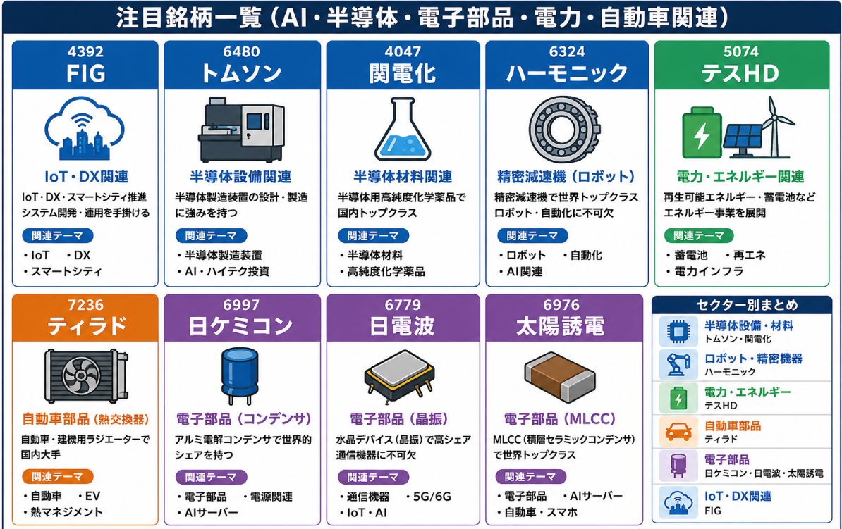 manyoutei_AAA's tweet photo. 昨日は、AI・半導体関連の“中小型優良株”について、本当にたくさんの質問をいただきました。
そこで今回は、個人的に注目している9銘柄を整理してみました。
どれも将来性が高く、今後の相場次第では大きな成長も期待できると見ています。
少しでも生活のプラスになれば嬉しいです😊
現在の日本市場は、日経平均が史上最高値圏。
資金は、世界的な成長テーマへ自然と集まり始めています。
そして今、その中心にあるのが
AI・半導体分野です。
これは単なる一時的なブームではなく、
“時代の転換点”に近い流れだと感じています。
私はこれまで、
不動産バブル、経済停滞、さまざまな相場を見てきました。
その中でも、今はかなり大きな変化の入口にいるように感じています。
だからこそ、この流れはしっかり掴んでほしいと思っています。
ＦＩＧ（4392）
トムソン（6480）
関電化（4047）
ハーモニック（6324）
テスＨＤ（5074）
ティラド（7236）
日ケミコン（6997）
日電波（6779）
太陽誘電（6976）