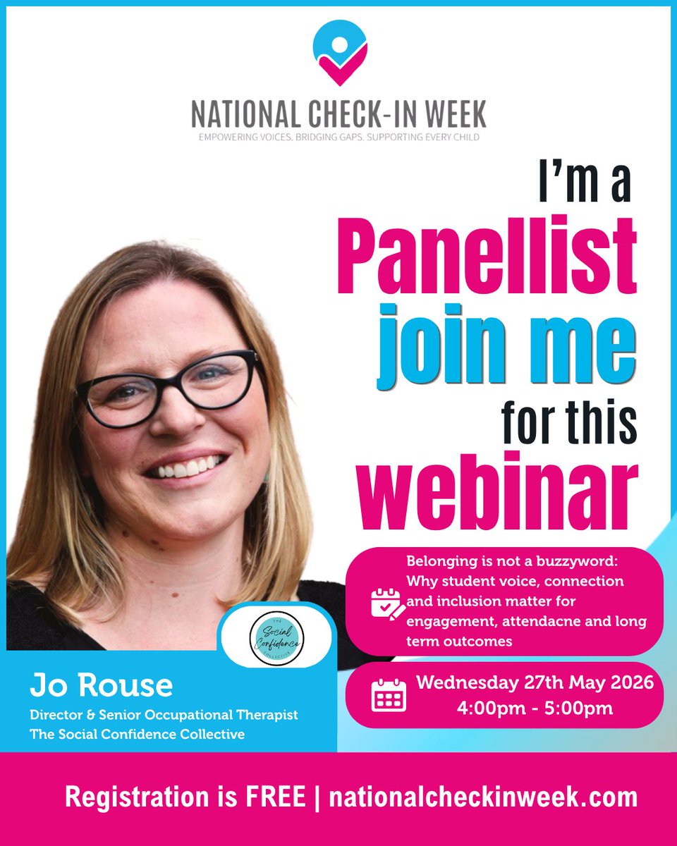 CheckInWeek_'s tweet photo. Belonging starts with feeling safe enough to be seen.

Join Jo Rouse for a free National Check-In Week webinar on student voice, connection, and inclusion.

27 May 2026, 4:00pm
https://t.co/1tkQYovx0z

#NationalCheckInWeek #StudentWellbeing https://t.co/Dbt4LuV18E