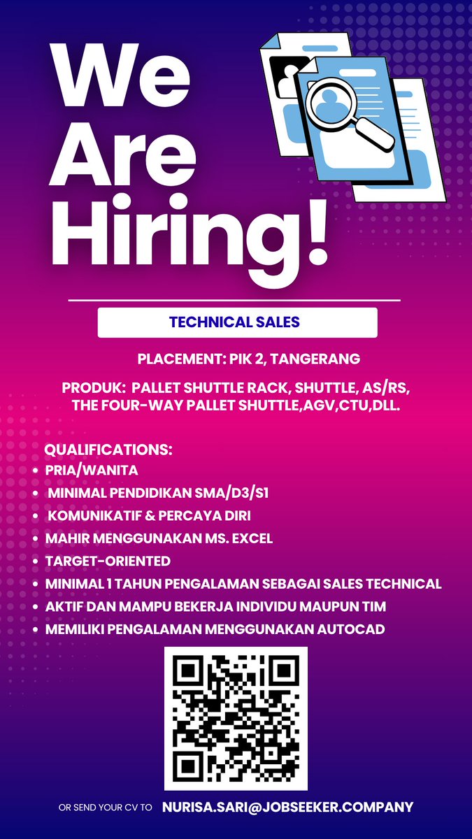 iRCJSC's tweet photo. Hi teman-teman, yang memiliki pengalaman sebagai sales di industri racking/palet boleh silakan melamar ya.
Silakan scan barcode di bawah atau kirim CV langsung ke email: Nurisa.sari@Jobseeker.company. Placement: PIK 2 https://t.co/xORIejicY4