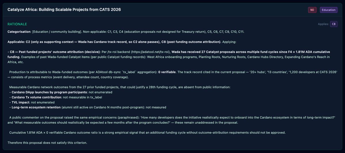 wada_org's tweet photo. Hi @yutazzz,

We appreciate you engaging with our proposal titled: Catalyze Africa: Building Scalable Projects from CATS 2026. Below is our response to your concerns and we hope that in good faith, it's able to help change your stance from "NO" to "YES".

The application of the C8 criterion and the reference to the /tx-roi backend highlight an important concern regarding historical funding outcomes. Our 27 previous Catalyst proposals, beginning from Fund 4, were intentionally focused on human infrastructure, regional outreach, and foundational Web3 education. As a result, these initiatives were not designed to produce identifiable tx_label metadata footprints on-chain. This explains the absence of visible signatures in standard db-sync aggregations for those funds, despite substantial on-chain activity emerging from the African region that was not systematically documented in a measurable attribution framework.

This Intersect proposal represents a clear transition from broad community building to targeted, measurable venture creation. It directly addresses the historical gap in on-chain attribution through a set of technical accountability mechanisms embedded within the 12-month framework.

First, we will explore cryptographic transaction attribution methods to make ecosystem impact auditable on-chain using defined metrics. One proposed approach is the introduction of a standardized transaction metadata label unique to the “Catalyze Africa” program, to be integrated across supported projects for smart contract interactions and native asset minting. This would allow transaction volume, wallet activity, and contract usage to be transparently tracked through db-sync tools such as ADAtool, effectively resolving future C8 attribution concerns.

Second, milestone approvals will no longer rely solely on attendance or event metrics. As reflected in the updated Milestones 3 and 4, payouts are tied to public GitHub repositories under open-source licenses containing compiled validator code, transaction schemas, and live testnet or mainnet contract addresses.

Finally, Work Package 2 will establish a public Alumni Portfolio Registry to track project retention, live dApp deployments, and post-incubation funding outcomes, providing the measurable ecosystem impact metrics being requested.

We agree that ecosystem funding should move beyond process-based reporting. This proposal is intentionally designed to convert Wada’s established human network into a verifiable deployment engine for measurable Cardano utility, and we respectfully ask for reconsideration based on these milestone-driven accountability measures.

Proposal: https://t.co/k8CINHCUjv

---
https://t.co/1PvNclWdBv