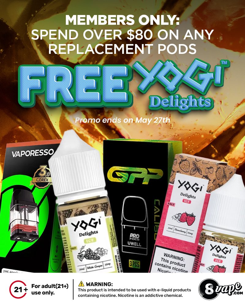 EightVape's tweet photo. Members — 48 hours only. ⏰

$80+ Pod order = FREE Yogi Juice. Code: FREEYOGI

Ends May 27.

👇
https://t.co/UVXOxBKuqp

#EightVape #MemberDeal #FreeYogi #FlashDeal https://t.co/tOgHAY2hbv