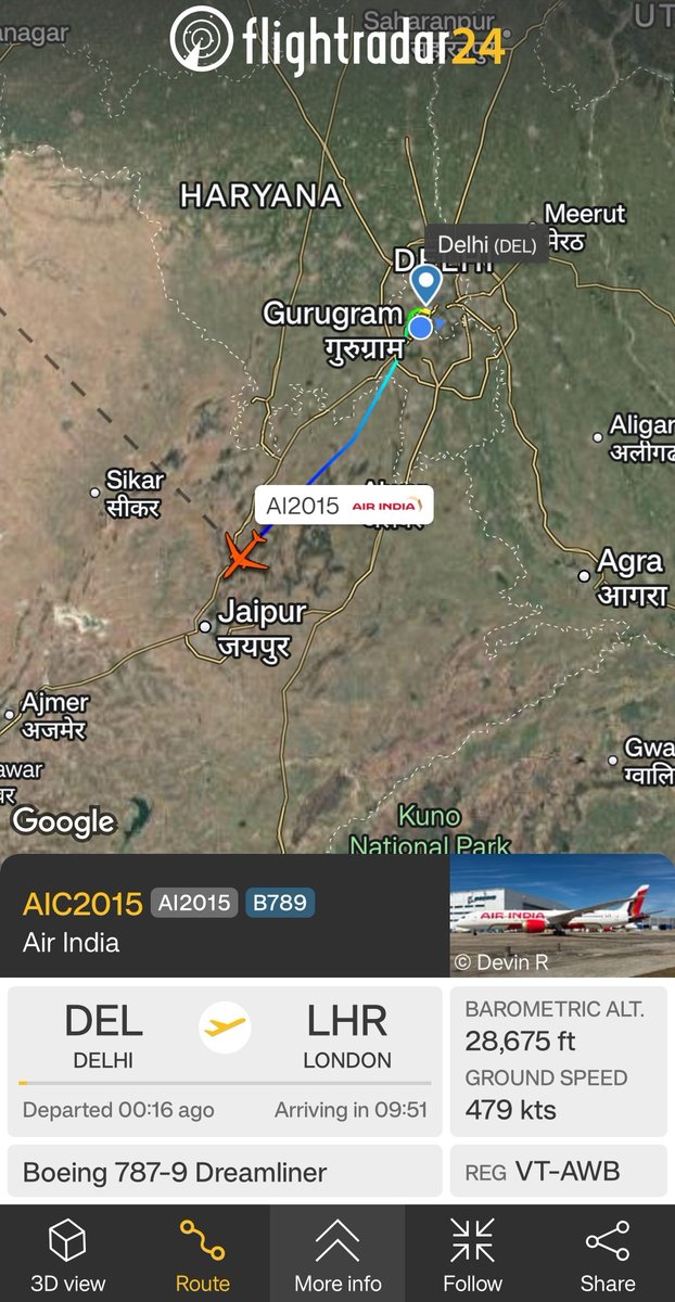 rishavr9's tweet photo. A brand new Indian bird has commenced it's commercial service today. Follow the first flight AI2015 from Delhi to London https://t.co/5EYYvxLpuG https://t.co/YLvQGMUjoq