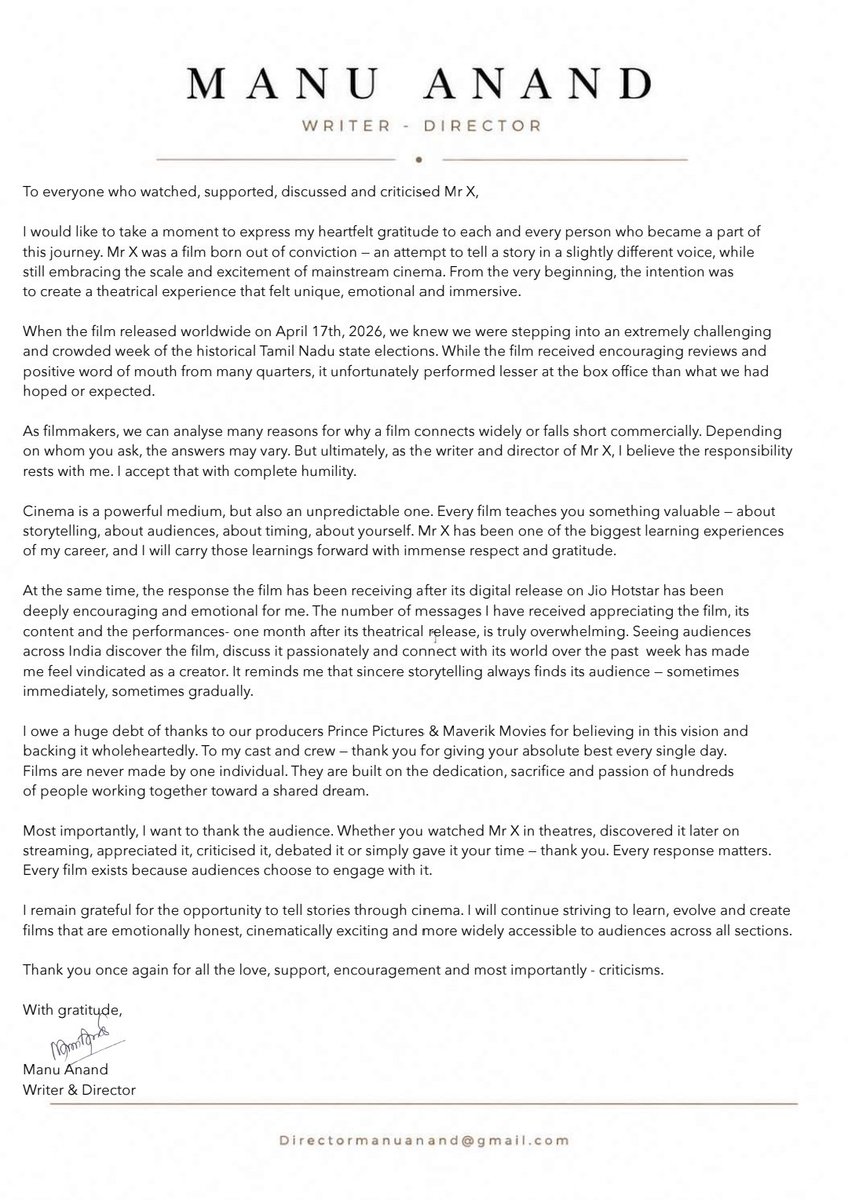 ProRekha's tweet photo. Press note from the desk of #MrX Director #ManuAnand https://t.co/bAaGGHidu7