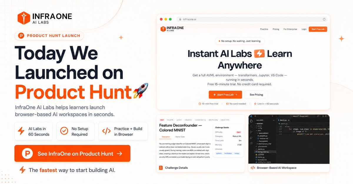 Infraoneai's tweet photo. We’re live on Product Hunt 🚀

InfraOne AI Labs helps learners launch browser-based AI workspaces in seconds.

No setup.
No CUDA issues.
No expensive RTX laptop.
Just launch, learn, and build.
Support us today 👇
 https://t.co/NuroT8o7t5

#edtech #producthunt https://t.co/zM5Iarj4hg