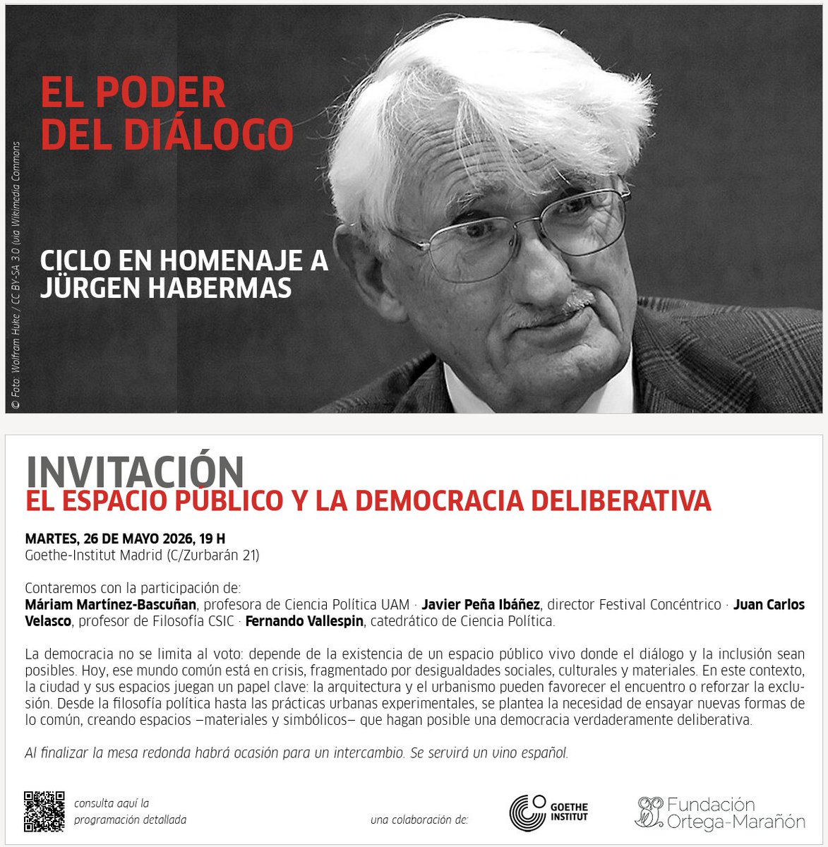 MariamMartinezB's tweet photo. Llego con esta intuición: Magnifica Humanitas, la primera encíclica de León XIV, defiende las condiciones de la deliberación habermasiana erosionadas hoy por el tecnofascismo. Tema, intuyo, para esta tarde, en homenaje a Habermas en el que participaré. 
Goethe-Institut Madrid 👇 https://t.co/6bIuUgvnj2