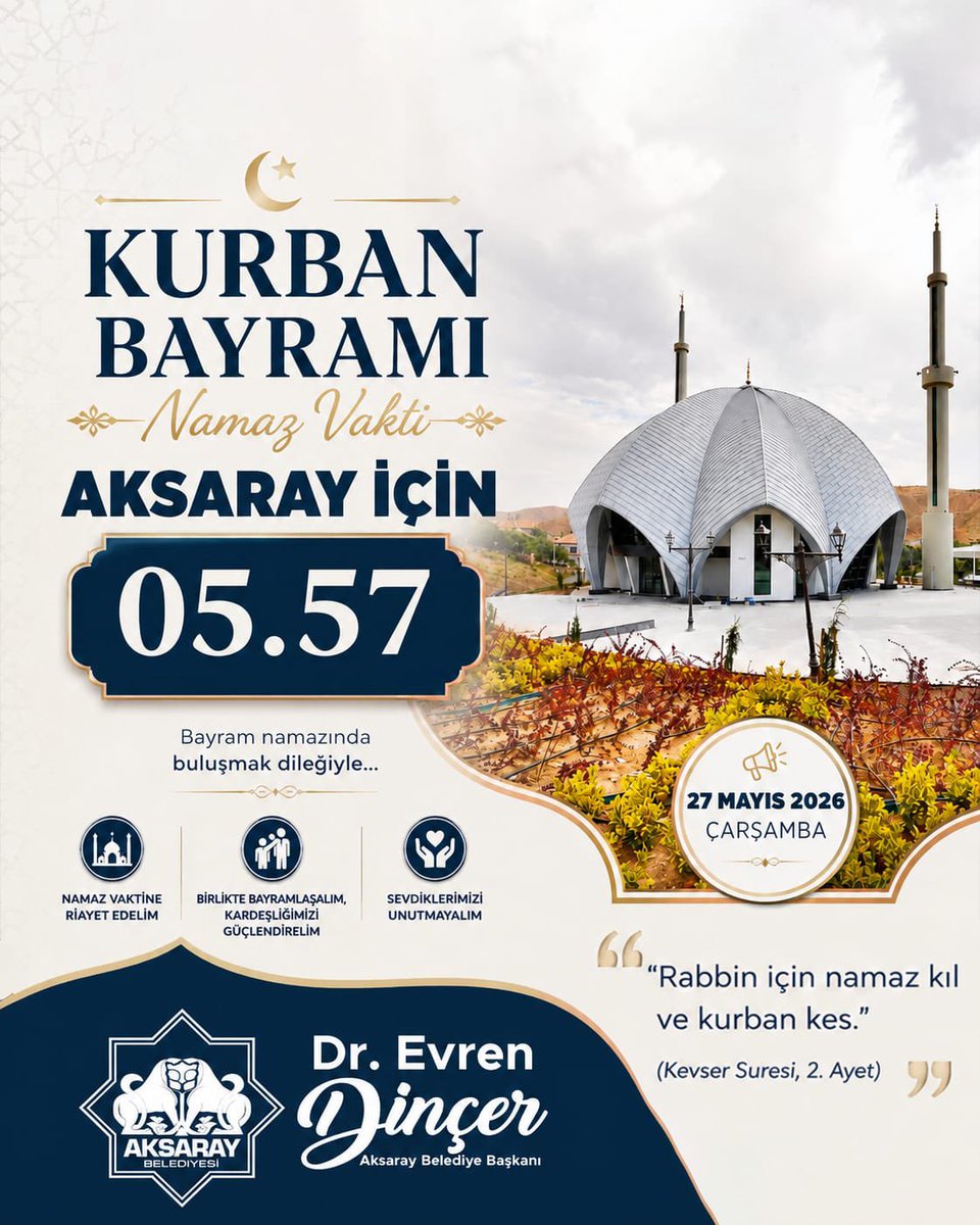 aksaraybel's tweet photo. Bayramın en güzel yanı; aynı duada buluşabilmektir....❤️

📍Aksaray için bayram namazı vakti;
⏰05:57

Tüm hemşehrilerimize hayırlı bayramlar diliyoruz. 🤗

#Aksaray ❤️
#İyiBayramlar 🍭 https://t.co/0EvGbMwr3O