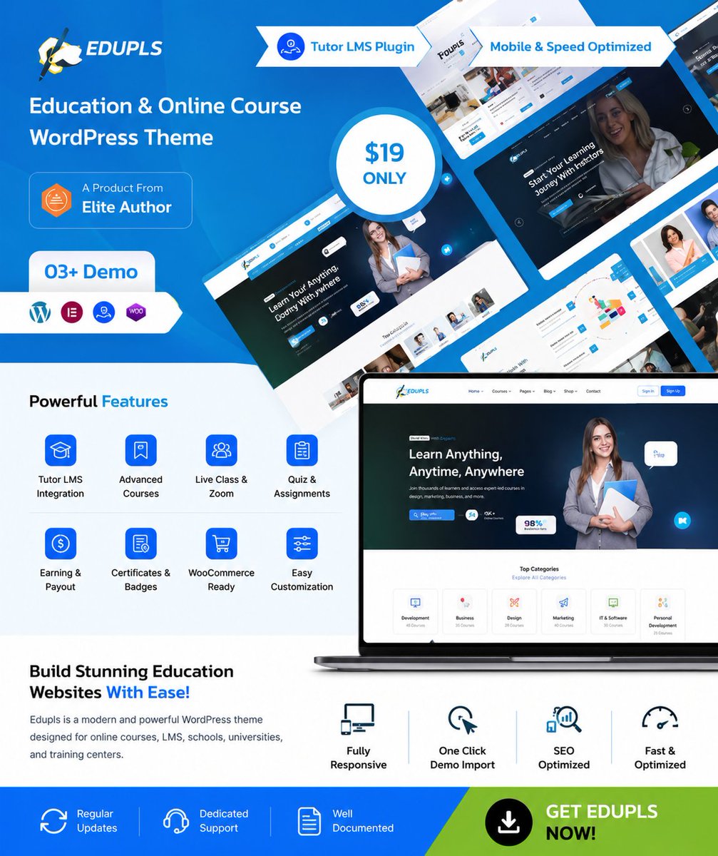 themepul's tweet photo. 🎓 Now Available Free on @getmarkoflow 

Edupls – Education & Online Course WordPress Theme is a modern solution for building professional eLearning and education websites.

Designed for:

Online academies
Schools & universities
Coaching platforms
Course creators
LMS businesses

Key Features:
✅ Elementor Page Builder
✅ Responsive & Mobile Friendly
✅ Fast Performance
✅ Modern Education UI
✅ Easy Setup & Customization
✅ LMS Ready Structure

If you're planning to build an education platform with WordPress, Edupls can help you launch quickly with a professional design.

🚀 Explore now on Markoflow https://t.co/jVTITiBf2x 

#WordPress #LMS #Education #OnlineLearning #Elearning #WebDevelopment #Elementor #DigitalProducts #Markoflow