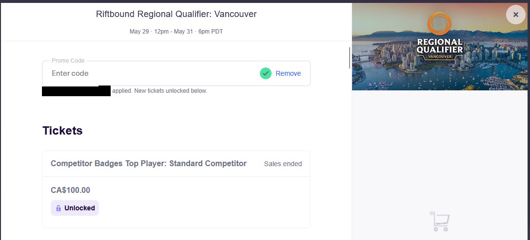 ghosterdriver's tweet photo. Everything (flight, apartment, vacation) is booked now for Vancouver, but still problems with my ticket. The link for Top64 says Competitor Badge unlocked, but Sales ended so I can't buy it. Please help, I want to play xD
@playriftbound @PlayUVSGames https://t.co/TpJFqJgkjz