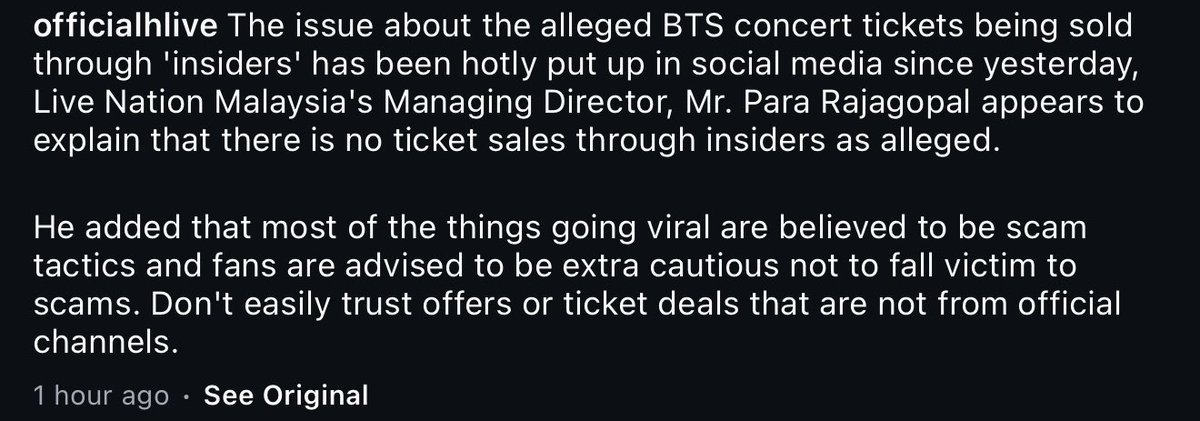 postcode_613's tweet photo. Okay so my question is, since concern is raised about this, are you going to work with the relevant authorities and bureaus to investigate these claims further? As you said yourself, these are scammers and they will scam people.

@livenationmy @GoLiveAsia is that it? Tickets are bought before the ticketing, and that’s it? Why so shady? 

@HYBEOFFICIALtwt @BIGHIT_MUSIC please look into this. Something is not right here.