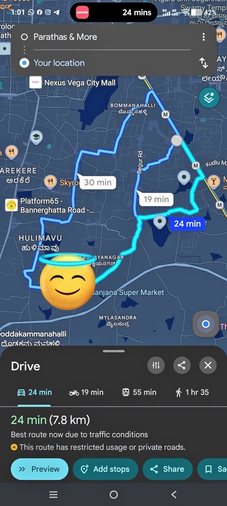 VijayvitthalA's tweet photo. Scam by @Swiggy to loot people.
Shortest & fastest path - 6.8 KM, 19 mins = Free delivery for SwiggyOne members
Preferred path by Swiggy - 7.6 KM, 24 mins = Rs.80/- Delivery charge
#swiggyscam #swiggylootingmoney https://t.co/w0FfCgfoL3