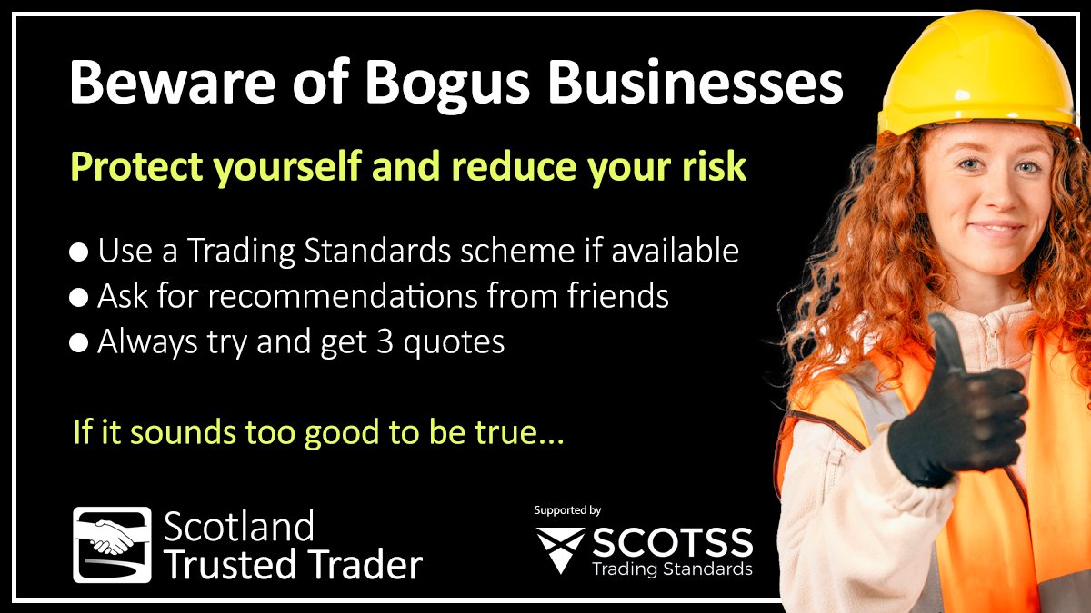 ScottishTraders's tweet photo. Only use reputable businesses you have contacted. Say "NO" to doorstep traders. For a list of Trading Standards vetted businesses across Scotland, visit Trusted Trader or Approved Trader 👷‍♂️
https://t.co/6z3OWurp9q
https://t.co/sgCghsoRqp
#TradingStandards #TrustedTrader https://t.co/khYjwTj2A0
