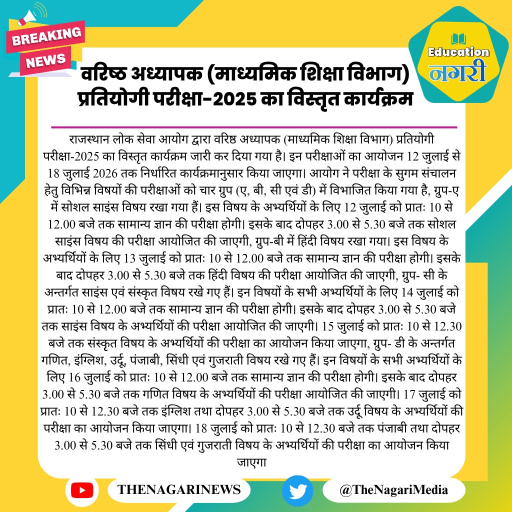 educationnagari's tweet photo. वरिष्ठ अध्यापक (माध्यमिक शिक्षा विभाग) प्रतियोगी परीक्षा-2025 का विस्तृृत कार्यक्रम
#EducationNagari #RPSC https://t.co/zsvcSl0yv3
