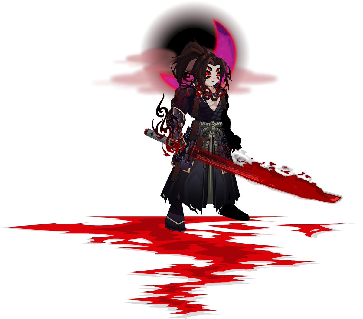 Godlow_AQW's tweet photo. Kokushibo's Blood Demon Art: Crescent Moon Blade
=======================================
Helm: Grand Necromancer's Morph + Locks
Armor: Yami No Akuma
Weapon: Cosmic Nebula Riftblade
Cape: Blood Harvest Moon
Rune: BloodRiver of Madness
=======================================
Color Palette:

Hair: #3D2220
Skin: #D4C7BD
Eye: #770000

Base: #561919
Trim: #D1D1BA
Accessory: #990000
=======================================
#aqw #FashionQuest