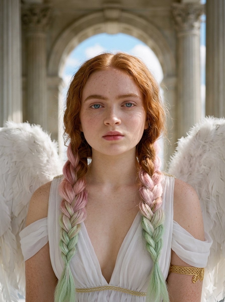 NameIsSudee's tweet photo. Angelic Beauty ✨️🩷🪽 

Google Nano Banana 2

Prompt:
{
  "type": "image_prompt",
  "description": {
    "subject": {
      "identity": {
        "character": "[NAME]",
        "expression": "Serene"
      },
      "appearance": {
        "hair": {
          "thickness": "Thick",
          "style": "Two braids",
          "color": {
            "type": "Pastel gradient",
            "start": "Pastel pink",
            "end": "Pastel green"
          }
        },
        "skin": {
          "texture": "Natural",
          "details": [
            "Visible fine pores",
            "Realistic appearance"
          ]
        },
        "makeup": {
          "style": "Soft",
          "lips": "Pink gloss"
        }
      }
    },
    "clothing": {
      "type": "Long flowing dress",
      "fabric": "Lightly transparent chiffon",
      "color": "Pastel white",
      "details": [
        "Deep V-neckline",
        "Off-the-shoulder sleeves",
        "Subtle gold trim below the bust"
      ]
    },
    "accessories": {
      "wings": {
        "type": "Angel wings",
        "material": "Real white feathers",
        "size": "Large"
      },
      "bracelet": {
        "material": "Gold",
        "location": "Right bicep",
        "style": "Detailed"
      }
    },
    "pose": {
      "position": "Sitting on a polished floor",
      "legs": "Bent and resting gracefully",
      "feet": "Barefoot",
      "posture": "Leaning slightly backward",
      "style": "Elegant and relaxed"
    },
    "environment": {
      "location": "Outdoor classical architecture",
      "elements": [
        "Fluted stone columns",
        "Shiny marble floor",
        "Light blue sky",
        "Soft white clouds"
      ]
    },
    "lighting": {
      "type": "Bright natural sunlight",
      "effects": [
        "Sharp shadows on the marble floor",
        "Authentic reflections on the skin",
        "Light reflections on the hair",
        "Light reflections on the feathers",
        "Balanced luminous contrast"
      ]
    },
    "mood": {
      "atmosphere": [
        "Ethereal",
        "Serene",
        "Romantic",
        "Majestic"
      ]
    },
    "technical": {
      "style": "Outdoor conceptual fashion editorial photography",
      "camera": {
        "framing": "Medium shot",
        "angle": "Slight low angle",
        "lens": "35mm",
        "aperture": "f/5.6",
        "iso": "100",
        "shutter_speed": "1/1000s"
      },
      "quality": {
        "resolution": "High",
        "focus": "Sharp focus on the model's face",
        "rendering": [
          "Realistic feather textures",
          "Detailed stone textures",
          "Detailed marble textures",
          "Realistic human skin"
        ],
        "exposure": "Accurate exposure control under direct sunlight"
      },
      "aspect_ratio": "9:16"
    }
  }
}
