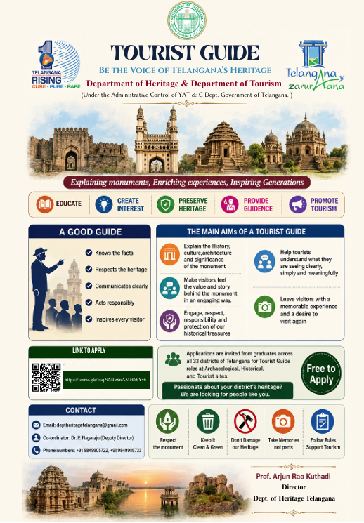 dhtindia's tweet photo. The Department of Heritage &amp; Department of Tourism, Telangana, is looking for passionate individuals to serve as Tourist Guides across all 33 districts! Help us preserve our heritage and inspire visitors from around the globe

Role:Tourist Guide 
Eligibility:Graduates 
Cost: Free https://t.co/2KxqbRyVpz