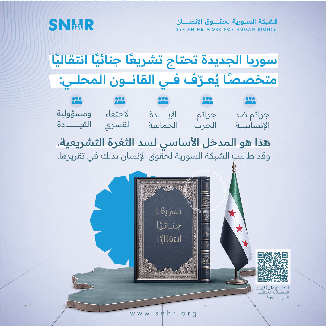 SN4HR's tweet photo. سوريا الجديدة تحتاج تشريعًا جنائيًا انتقاليًا متخصصًا يُعرّف في القانون المحلي: جرائم ضد الإنسانية، جرائم الحرب، الإبادة الجماعية، الاختفاء القسري، ومسؤولية القيادة. هذا هو المدخل الأساسي لسد الثغرة التشريعية. وقد طالبت الشبكة السورية لحقوق الإنسان بذلك في تقريرها. #إصلاح_قضائي https://t.co/rROi9OrgL6