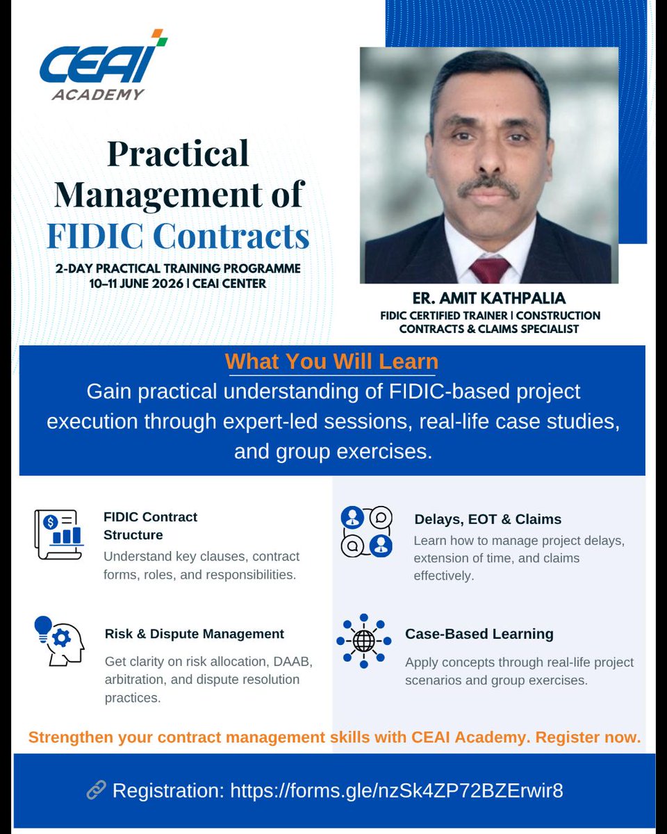 CEAI_INDIA's tweet photo. Strengthen your contract management skills with 𝐂𝐄𝐀𝐈 𝐀𝐜𝐚𝐝𝐞𝐦𝐲.
Join the 2-day 𝐏𝐫𝐚𝐜𝐭𝐢𝐜𝐚𝐥 𝐌𝐚𝐧𝐚𝐠𝐞𝐦𝐞𝐧𝐭 𝐨𝐟 𝐅𝐈𝐃𝐈𝐂 𝐂𝐨𝐧𝐭𝐫𝐚𝐜𝐭𝐬 training programme covering FIDIC structure, risk allocation, claims, delays, EOT & dispute resolution.

𝟏𝟎–𝟏𝟏 𝐉𝐮𝐧𝐞 𝟐𝟎𝟐𝟔 | 𝐂𝐄𝐀𝐈 𝐂𝐞𝐧𝐭𝐞𝐫

 Register: https://t.co/EqH7KpnBaY

#CEAI #FIDIC #ContractManagement #Infrastructure #EngineeringTraining