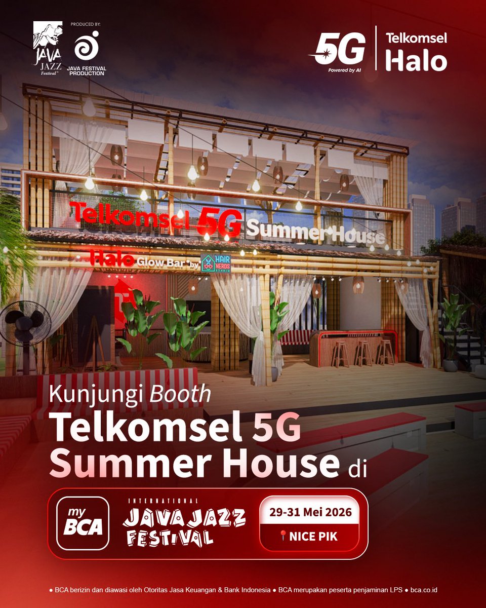 TelkomselHalo's tweet photo. Lagi nunggu line-up favorit di myBCA International Java Jazz Festival 2026? Mampir dulu aja ke Booth Telkomsel 5G Summer House di NICE (Nusantara International Convention and Exhibition) PIK 2 🎷✨ https://t.co/IOc2bRcRDO