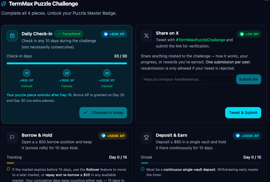 Peterleecoin's tweet photo. Check in daily, and also pay attention to badge tasks and fragment collection tasks. Here are the steps to complete the fragment tasks: 
Task 1: Check in
Task 2: Tweet with hashtags
Task 3: Borrow u
Task 4: Deposit u
#TermMaxPuzzleChallenge https://t.co/u7HGzReFTp