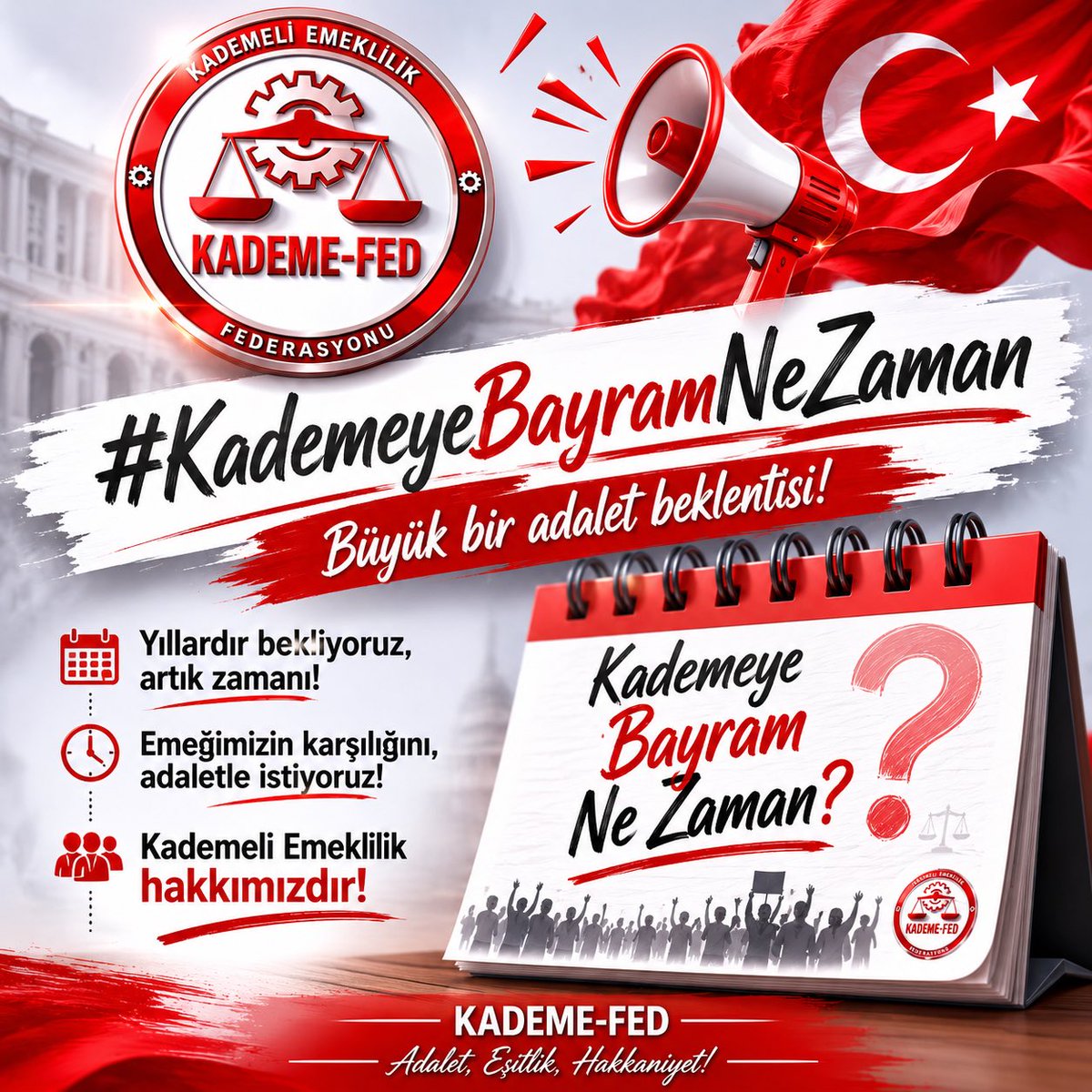 KademeFed's tweet photo. KADEMELİ EMEKLİLİĞE BAYRAM NE ZAMAN?

Milyonlarca vatandaş aynı yaşta, aynı şartlarda çalışmasına rağmen yalnızca sigorta giriş tarihi nedeniyle 17-20 yıl daha fazla çalışmak zorunda bırakılıyor.

Kademeli Emeklilik Federasyonu olarak;
işe giriş tarihine değil, doğum yılı ve prim esasına dayalı adil, sürdürülebilir ve reformist bir sosyal güvenlik sistemi talep ediyoruz.

Bugün sesimizi daha güçlü duyurma günü!
Tüm mağdurlarımızı ve destek veren herkesi etiket çalışmamıza davet ediyoruz.

🇹🇷 Kademeli Emeklilik Federasyonu

#KademeyeBayramNeZaman