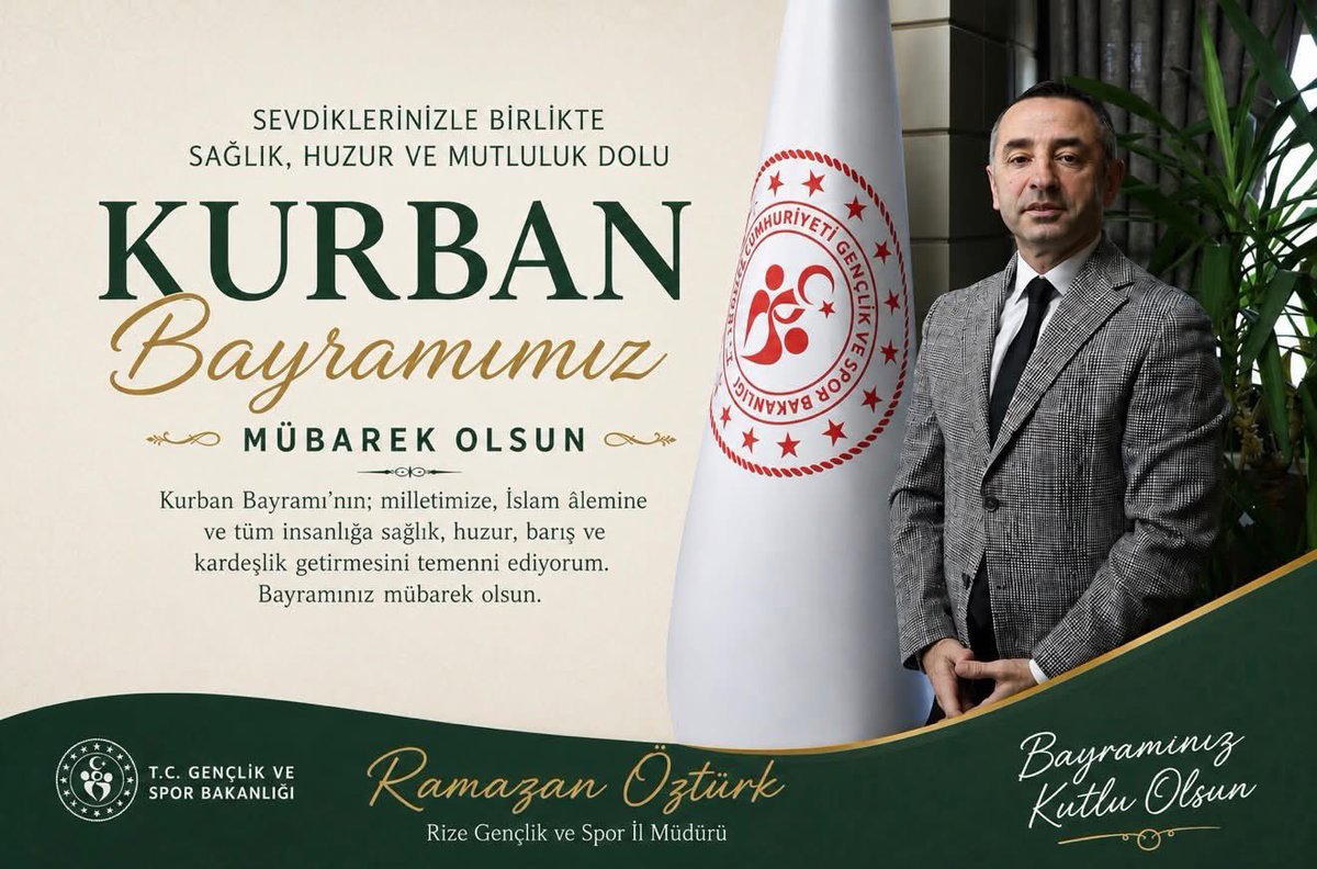 GSB_Rize's tweet photo. Kurban Bayramı’nın; milletimize, İslam âlemine ve tüm insanlığa sağlık, huzur, bereket ve kardeşlik getirmesini temenni ediyorum.

Paylaşmanın, dayanışmanın ve gönüllere dokunmanın en güzel örneklerinin yaşandığı bu mübarek günlerde; birlik ve beraberliğimizin daim olmasını diliyor, tüm hemşehrilerimizin Kurban Bayramı’nı en içten dileklerimle kutluyorum.

Bayramımız mübarek olsun.

Ramazan Öztürk
Rize Gençlik ve Spor İl Müdürü