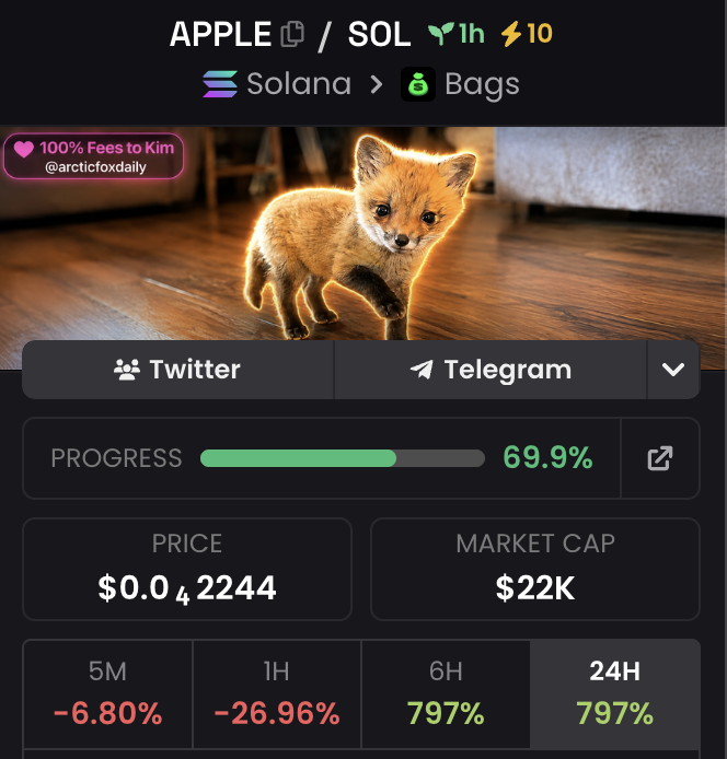 thefud_'s tweet photo. Remember, the same thing happened with Asteroid - a few ran and extracted on Pumpfun, and in the end the Bags one was the only version sending, hitting $16M with fees directed to Liv’s mom.

$APPLE feels like a very similar narrative unfolding.

Just one hour since launch and already raised $700+ and counting.

Wait for the USA to wake up.

Still very, very early 🦊❤️

AiB681NrfWpmtWstc37ruYqKfEsGphiGzPcfoVYnBAGS
