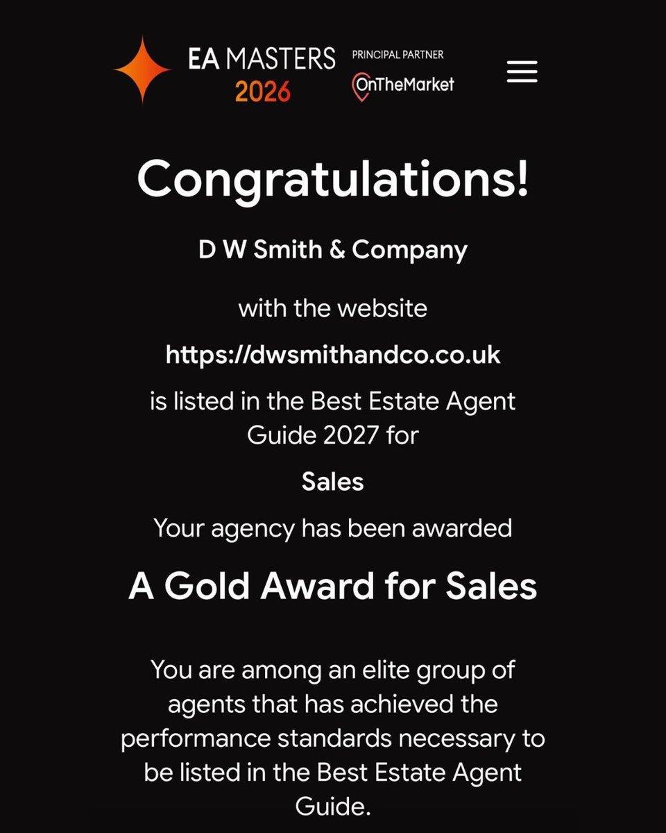 dwsmithagent's tweet photo. We’re incredibly proud to share some exciting news - D W Smith has once again been awarded Gold in The Best Estate Agent Guide 2027 for the second time. https://t.co/3tEou5lts0