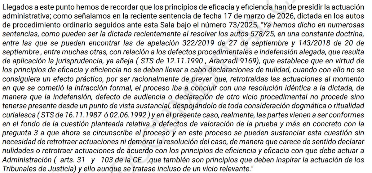 humanizasanidad's tweet photo. ⚖️STSJEx. núm. 252/2026, de 22/04/2026. Id Cendoj: 10037330012026100233. Por los #principios de #eficacia y #eficiencia no se deben llevar a cabo declaraciones de #nulidad, cuando con ello no se consiguiera un #efecto #práctico, por ser racionalmente de prever que, retrotraídas las actuaciones al momento en que se cometió la infracción formal, el proceso iba a concluir con una resolución idéntica a la dictada.