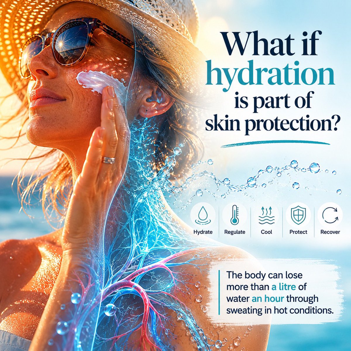 nbinders's tweet photo. What if hydration is part of skin protection? While so many may know that our body can lose more than a litre of H20/hr ‘thru’ sweating in the heat…yet, it seems, hardly anyone thinks about hydration in protecting the skin in the sun.
Yes AI generated image but not the messenger https://t.co/WcBaypY5kv