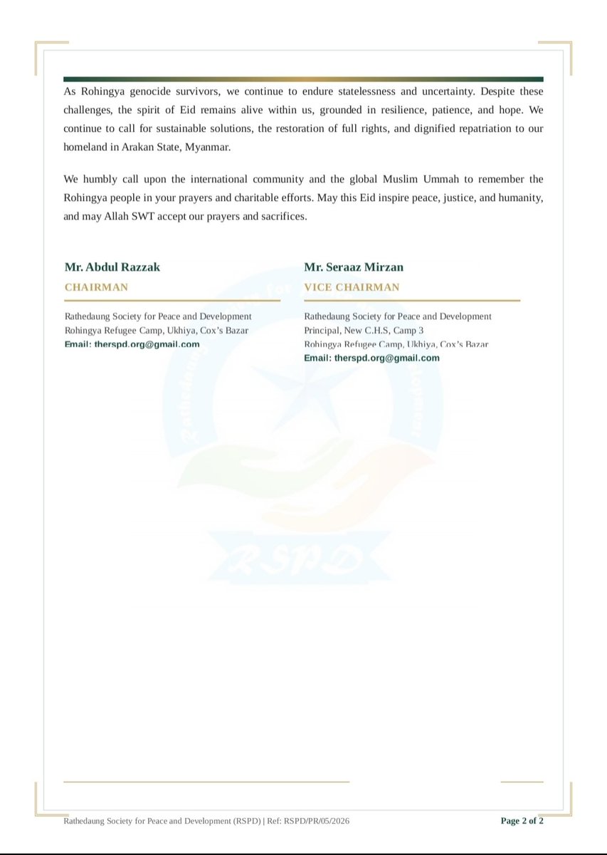 the_rspd's tweet photo. Eid al Adha Message 2026 | 10 Dhul Hijjah 1447 Hijri

We, the Rathedaung Society for Peace and Development RSPD team, together with the Rohingya community, extend our heartfelt greetings of Eid al Adha Mubarak to the Muslim Ummah around the world.

26 May 2026 https://t.co/jFZ2336Oys